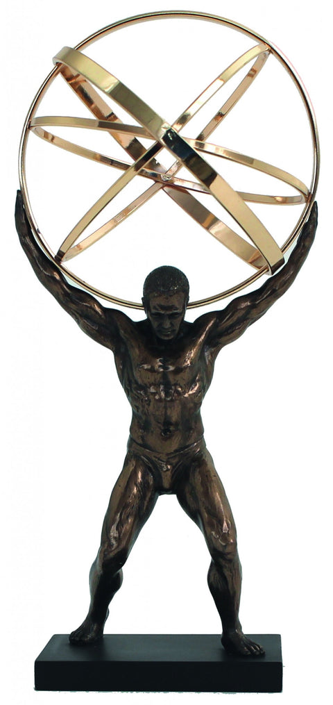 Atlas Bronze Resin Statue with Golden Globe, 22cm Modern Art Decor, Italy