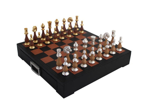 Handmade Brass & Wood Chess Set, Genuine Leather Board + Drawer, Made in Italy