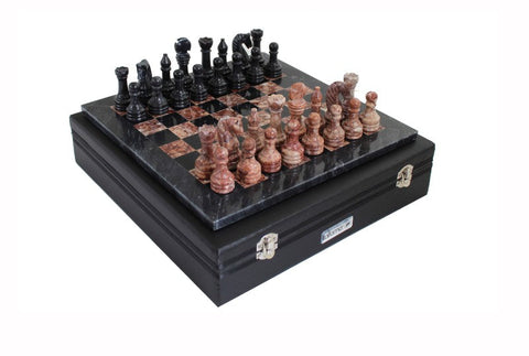 Pink & Black Marble Chess Set with Leather Case, Handmade in Italy