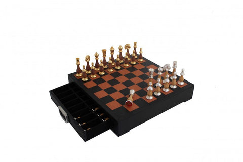 Handmade Brass & Wood Chess Set, Genuine Leather Board + Drawer, Made in Italy