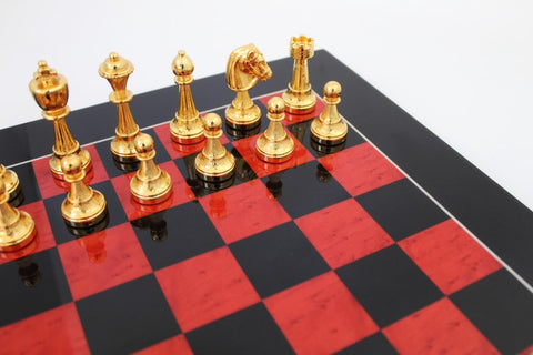 Italian Handmade Metal Chess Set, Gold & Silver Pieces, Red/Black Wood Board