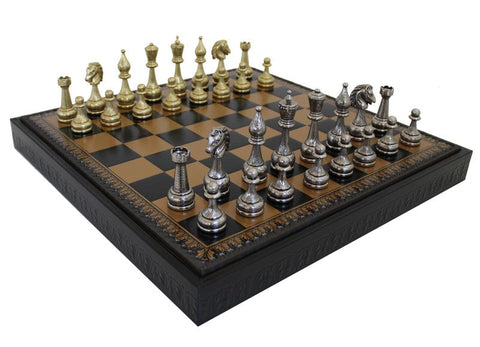 Luxury Metal Chess Set, Gold & Silver, Faux Leather Board, Checkers, Backgammon