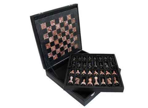 Pink & Black Marble Chess Set with Leather Case, Handmade in Italy