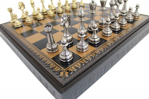 Luxury Metal Chess Set, Gold & Silver, Faux Leather Board, Checkers, Backgammon