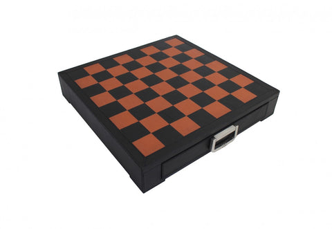 Renaissance Chess Set with Metal Pieces & Leather Board, Handmade Italy, Drawer