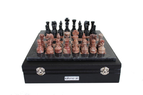 Pink & Black Marble Chess Set with Leather Case, Handmade in Italy