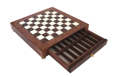 Glossy Elm Wood Chess Board with Storage Drawer, Handmade in Italy, 42x42 cm