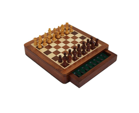 Magnetic Wooden Chess Set with Drawer | 19.5 cm Travel Board, Handmade Italy