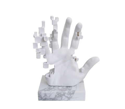 Pixel Hand Statue on Marble Base, White Resin Sculpture, Modern Home Decor