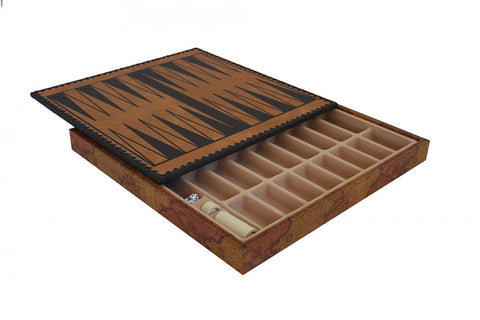 Vintage Map Faux Leather Chess Board with Storage, Checkers & Backgammon 35cm