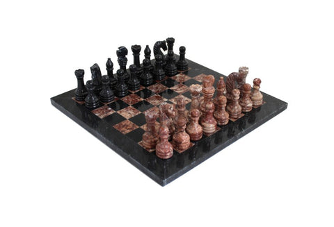 Pink & Black Marble Chess Set with Leather Case, Handmade in Italy