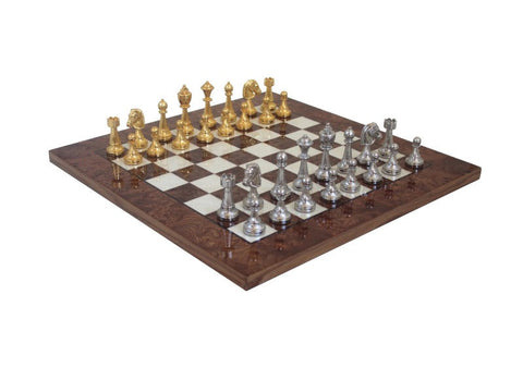 Handmade Metal Chess Set, Gold & Silver Pieces, Wood Board, Made in Italy
