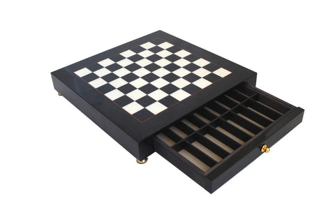 Handmade Black Elm Wood Chess Board with Storage Drawer, 42x42cm, Italian Made