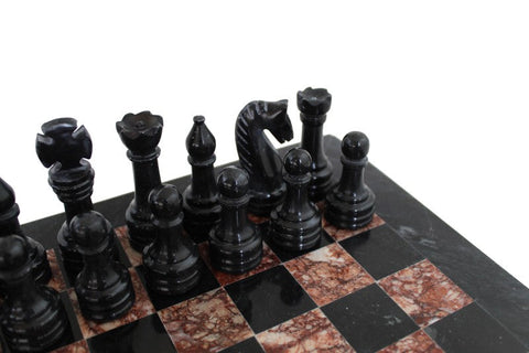 Pink & Black Marble Chess Set with Leather Case, Handmade in Italy