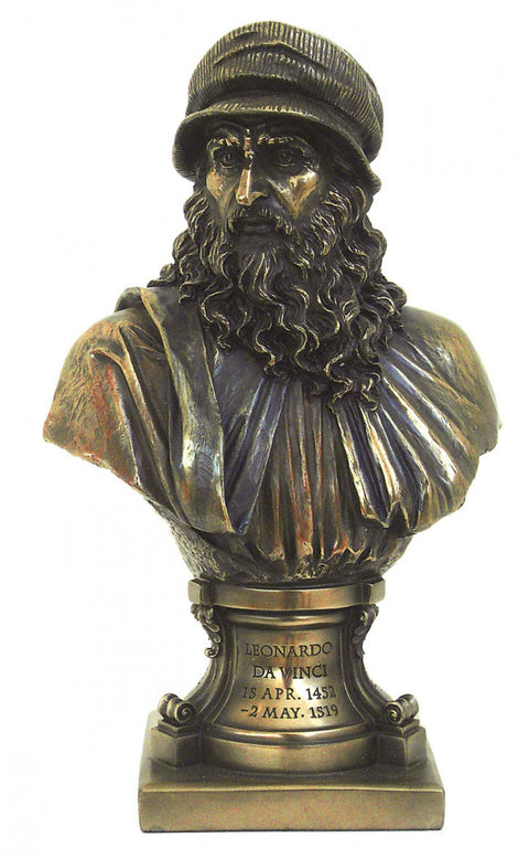 Leonardo da Vinci Bust Statue, 24cm Resin Bronze Finish, Made in Italy