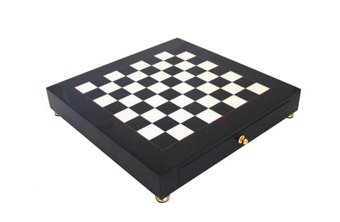Handmade Black Elm Wood Chess Board with Storage Drawer, 42x42cm, Italian Made