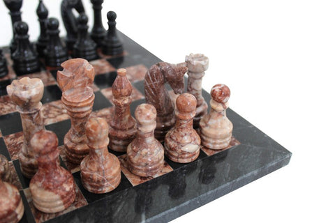 Pink & Black Marble Chess Set with Leather Case, Handmade in Italy
