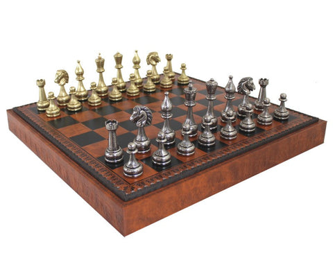 Luxury Italian Metal Chess Set with Faux Leather Board, Checkers & Backgammon