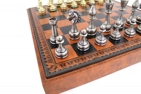 Luxury Italian Metal Chess Set with Faux Leather Board, Checkers & Backgammon