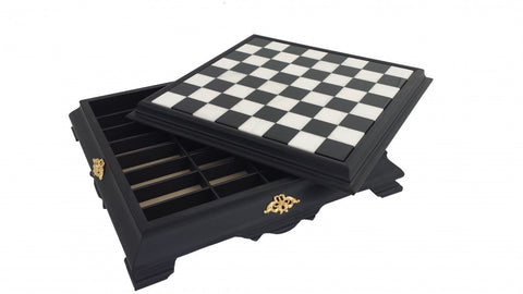 Luxury Handmade Marble & Wood Chess Board, Drawer, 46 cm, Italy