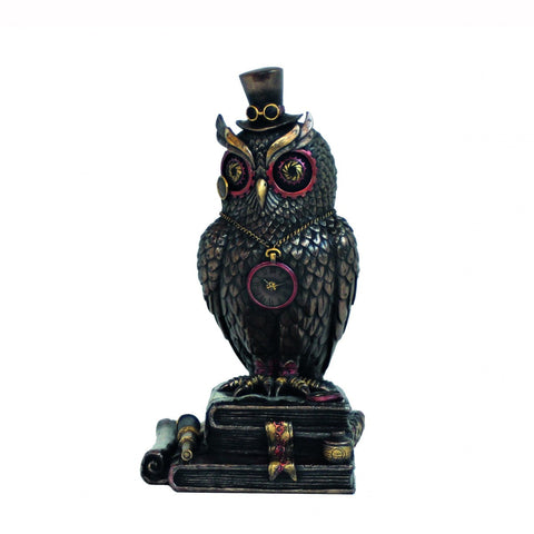 Steampunk Owl Statue, Bronze Resin, 20cm Scholar Hat Decor, Made in Italy, Gift