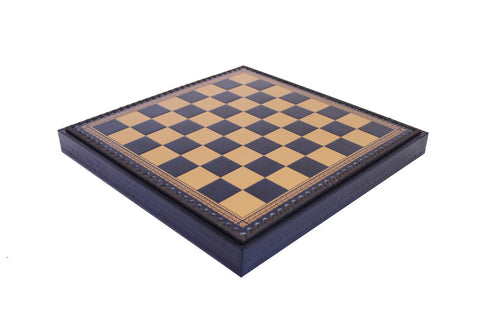 Gold & Blue Faux Leather Chess Board with Storage, Checkers, Backgammon 35x35cm