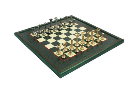 Handmade Brass Chess Set, Gold & Silver Pieces, Maple 45cm Green Board, Italy