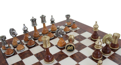 Handmade Brass & Wood Chess Set, Elm Board with Drawer, Made in Italy