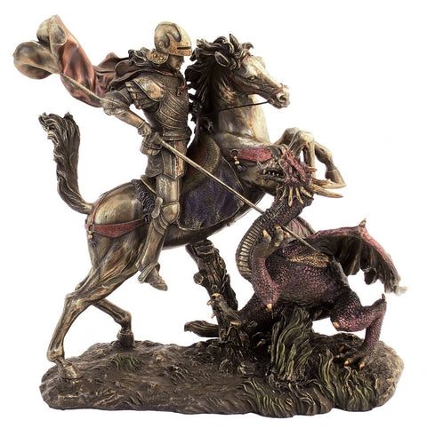 Saint George Slaying Dragon Statue, Bronze Resin, Made in Italy 27x13x26cm