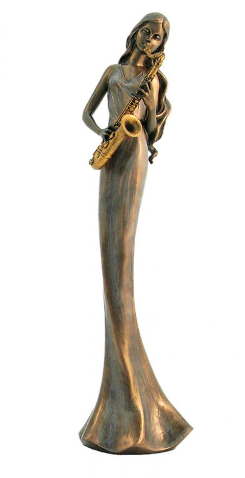 Bronze Resin Saxophone Lady Figurine, 34cm Musician Statue, Made in Italy