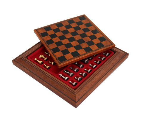 Gold & Silver Plated Metal Chess Set, Leather Board with Drawer, Italy