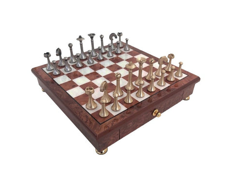 Italian Handmade Brass Chess Set, Gold & Silver Plated, Elm Board with Drawer