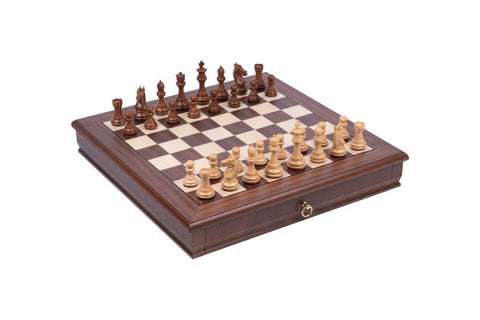 Italian Handmade Wooden Chess Set, Maple & Walnut Board with Drawer, Weighted