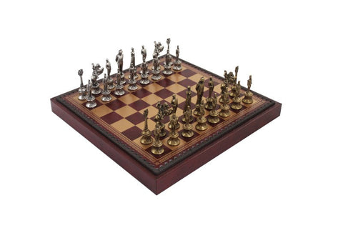 Napoleon Metal Chess Set with Faux Leather Board + Checkers & Backgammon Italian