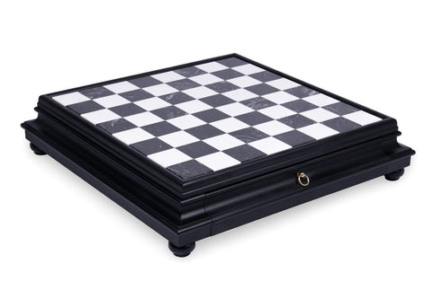 Italian Marble & Wood Chess Board with Storage Drawers Handmade Luxury 55 cm