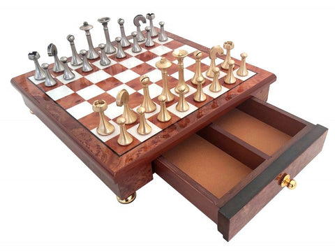 Italian Handmade Brass Chess Set, Gold & Silver Plated, Elm Board with Drawer