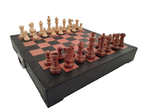 Handmade Weighted Acacia Chess Set, Real Leather Board & Drawer, Italian