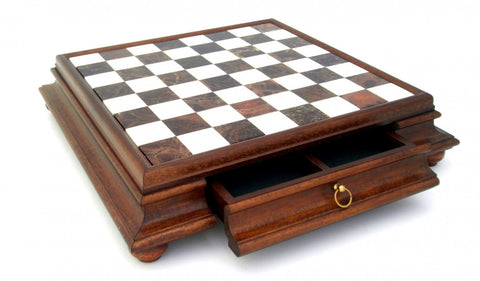Italian Handmade Wood & Marble Chess Board with Storage Drawer, 60x60 cm