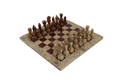 Handmade Italian Marble Chess Set, Brown Red Pieces, Leather Case, 30x30cm