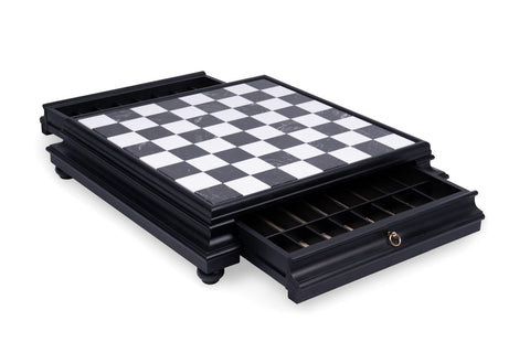 Luxury Handmade Marble Top Wooden Chess Board with Storage Drawer, 60cm, Italy