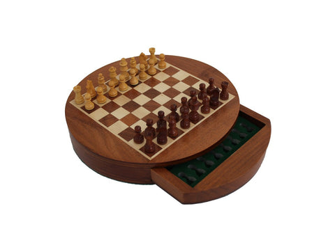 Premium Round Magnetic Wooden Chess Set with Drawer, 25cm Board, Handmade Italy