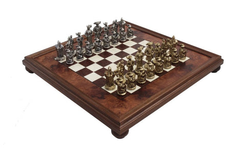 LANDSKNECHT Handmade Chess Set, Metal Gold & Silver, Wooden Board 48x48cm, Italy