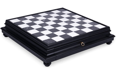 Luxury Handmade Marble Top Wooden Chess Board with Storage Drawer, 60cm, Italy