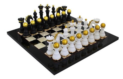 Italian Handmade Chess Set, Lacquered Dark Wood Board, Resin Brass Pieces 51cm