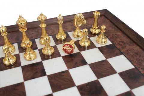 Handmade Metal Chess Set, Elm Wood Board with Drawer, Gold/Silver, Made in Italy