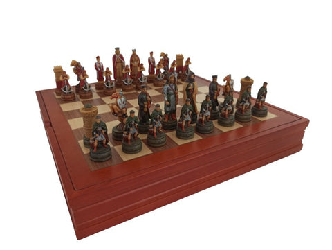 Camelot Chess Set, Hand Painted Resin Pieces, Walnut Maple Board with Storage