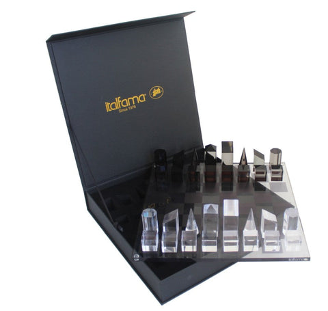 Modern Acrylic Chess Set, Geometric Pieces, Black/Clear, Made in Italy