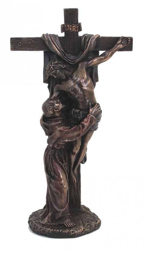 Crucified Jesus & St. Francis Statue, Bronze Resin, 29cm, Made in Italy