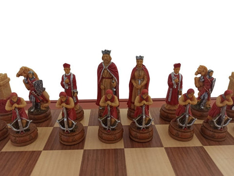Camelot Chess Set, Hand Painted Resin Pieces, Walnut Maple Board with Storage