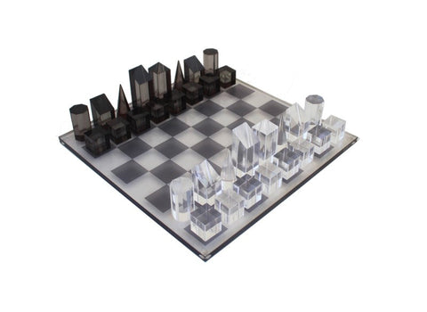 Modern Acrylic Chess Set, Geometric Pieces, Black/Clear, Made in Italy